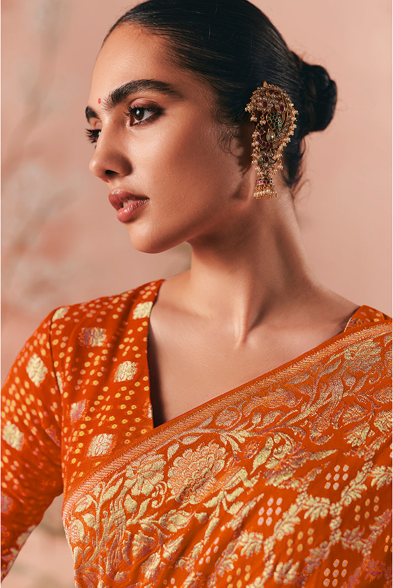 Monjolika Fashion Orange Bandhej Weaving Work Faux Khadi Georgette Saree