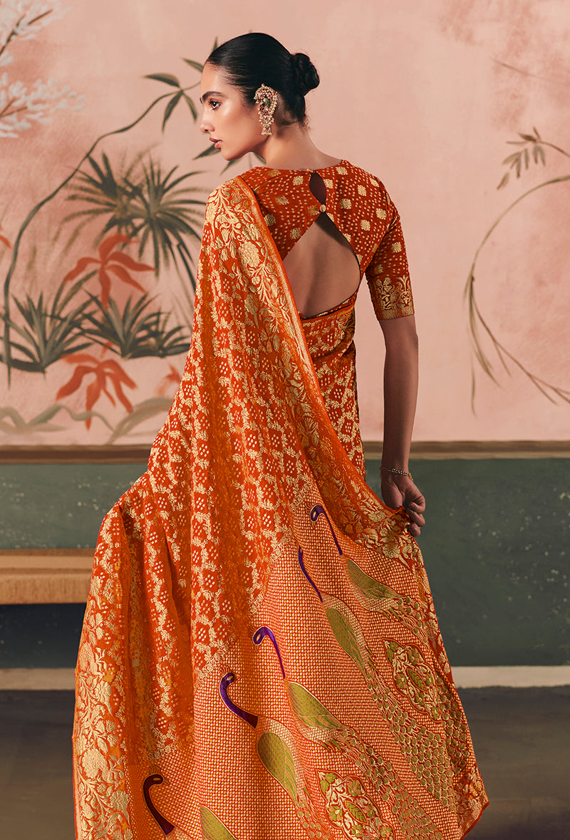 Monjolika Fashion Orange Bandhej Weaving Work Faux Khadi Georgette Saree