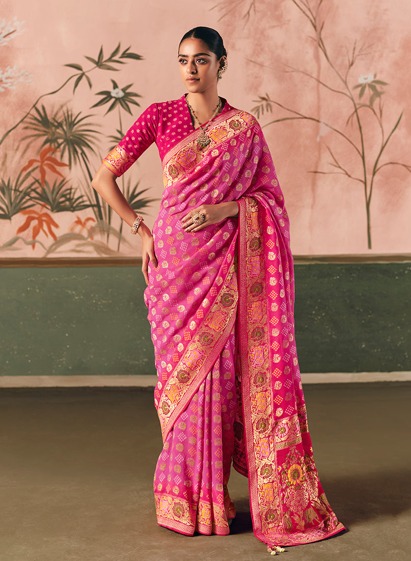 Monjolika Fashion Pink Bandhej Weaving Work Faux Khadi Georgette Saree