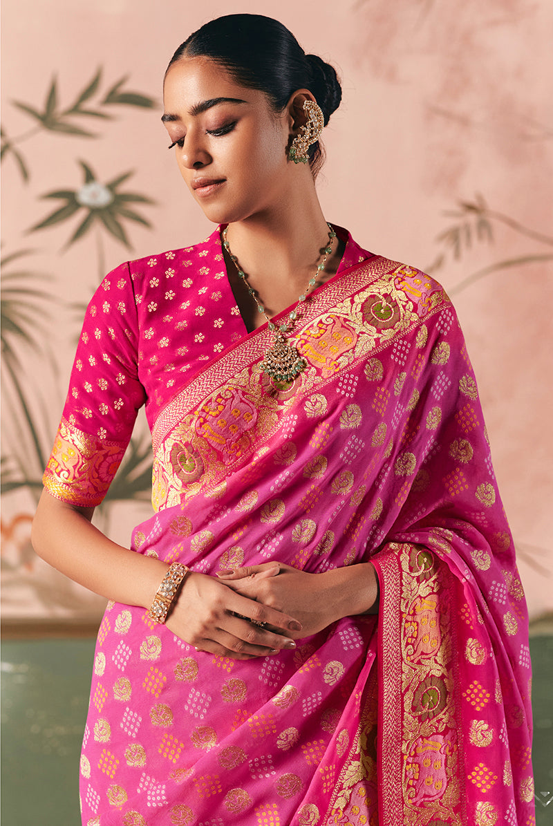 Monjolika Fashion Pink Bandhej Weaving Work Faux Khadi Georgette Saree