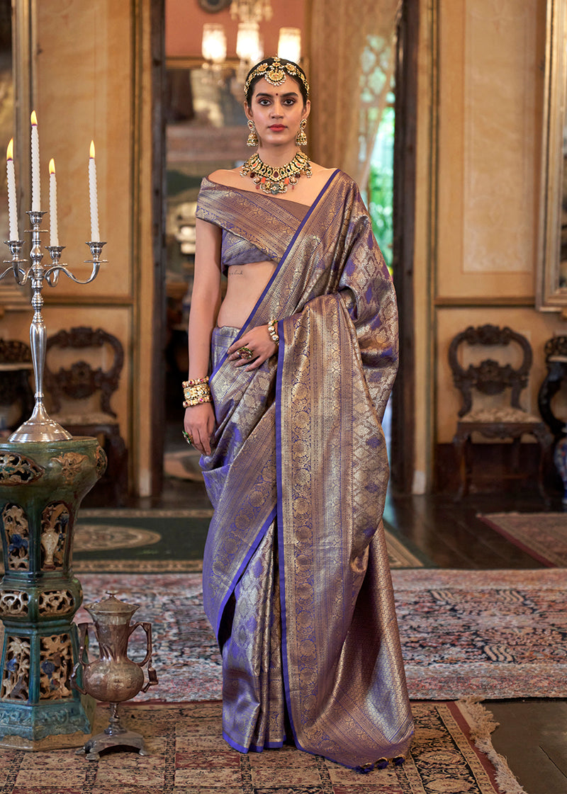 Monjolika Fashion Kanjivaram Silk Blend Classic Saree with Woven Work for Women in Violet