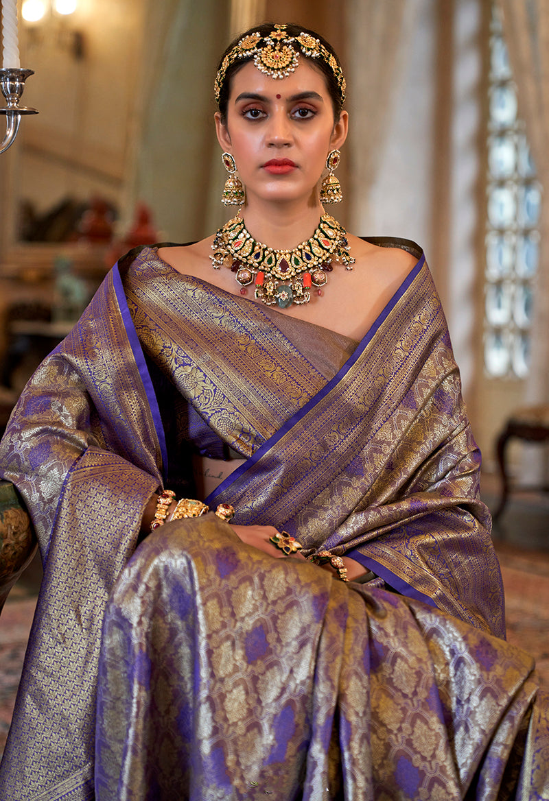 Monjolika Fashion Kanjivaram Silk Blend Classic Saree with Woven Work for Women in Violet