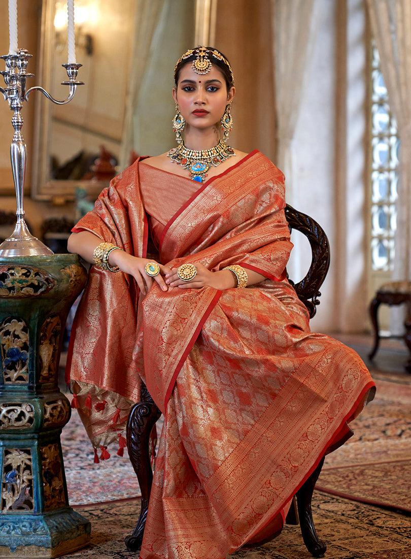 Monjolika Fashion Kanjivaram Silk Blend Classic Saree with Woven Work for Women in Orange