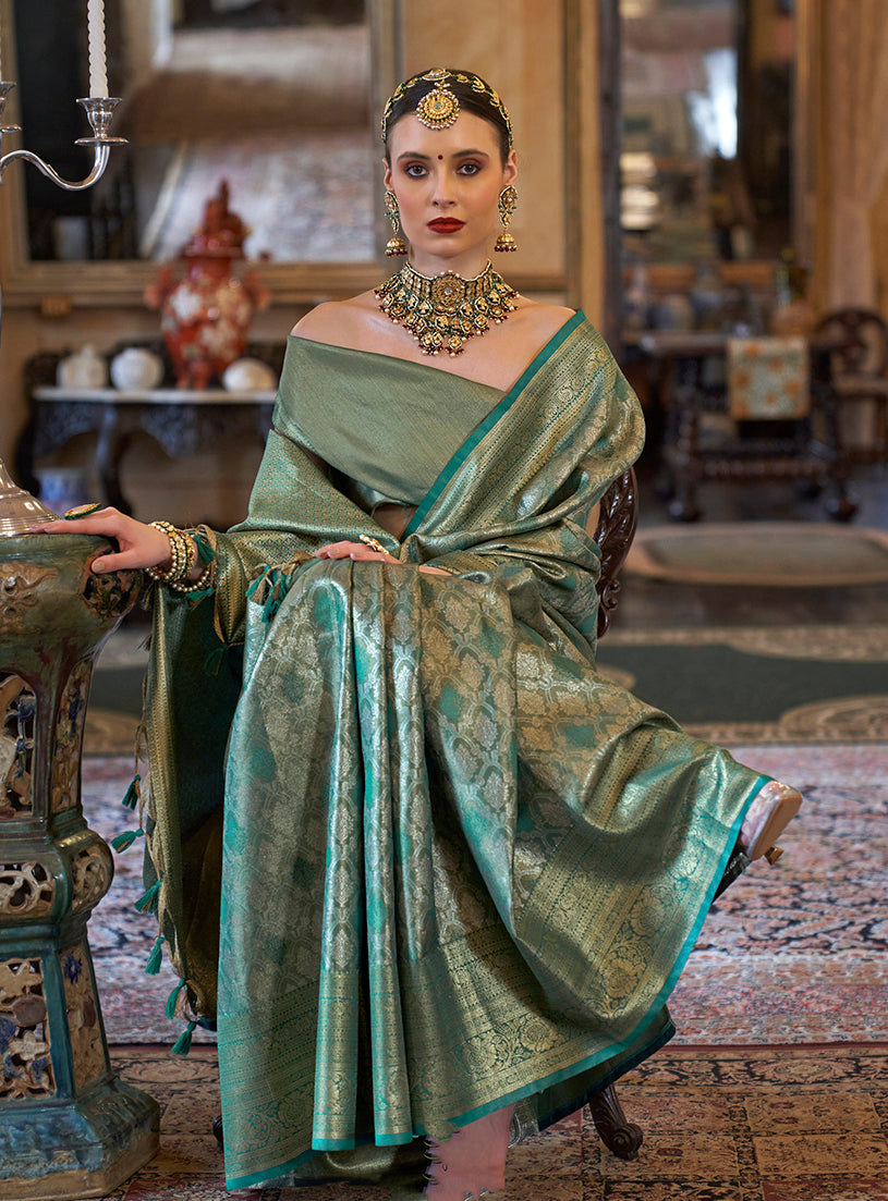 Monjolika Fashion Kanjivaram Silk Blend Classic Saree with Woven Work for Women in Teal