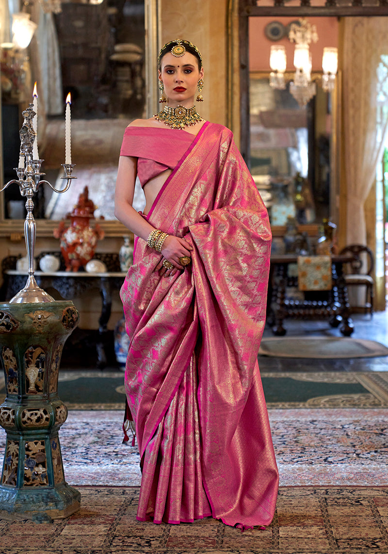Monjolika Fashion Kanjivaram Silk Blend Classic Saree with Woven Work for Women in Pink