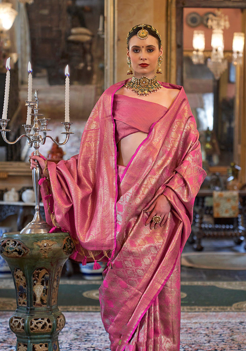Monjolika Fashion Kanjivaram Silk Blend Classic Saree with Woven Work for Women in Pink