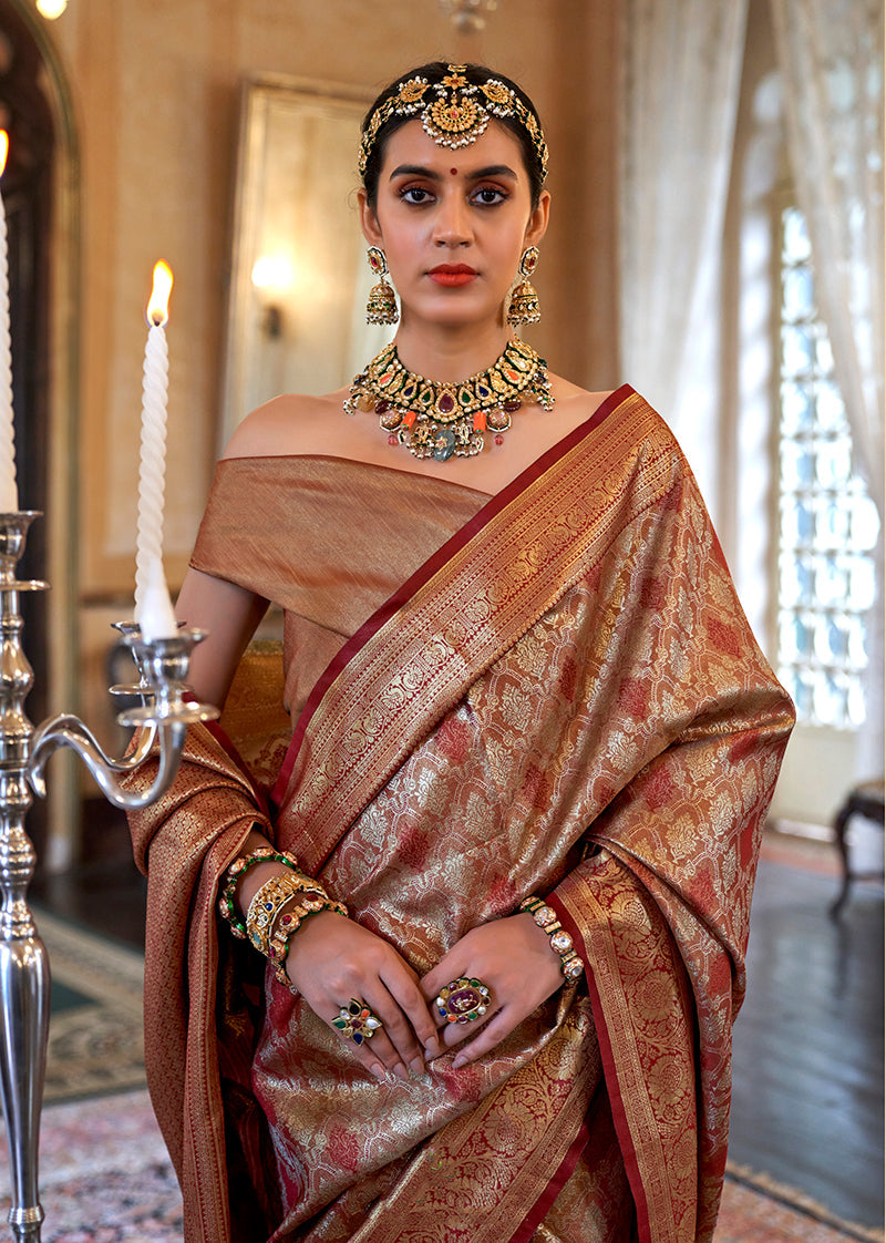Monjolika Fashion Kanjivaram Silk Blend Classic Saree with Woven Work for Women in Brown