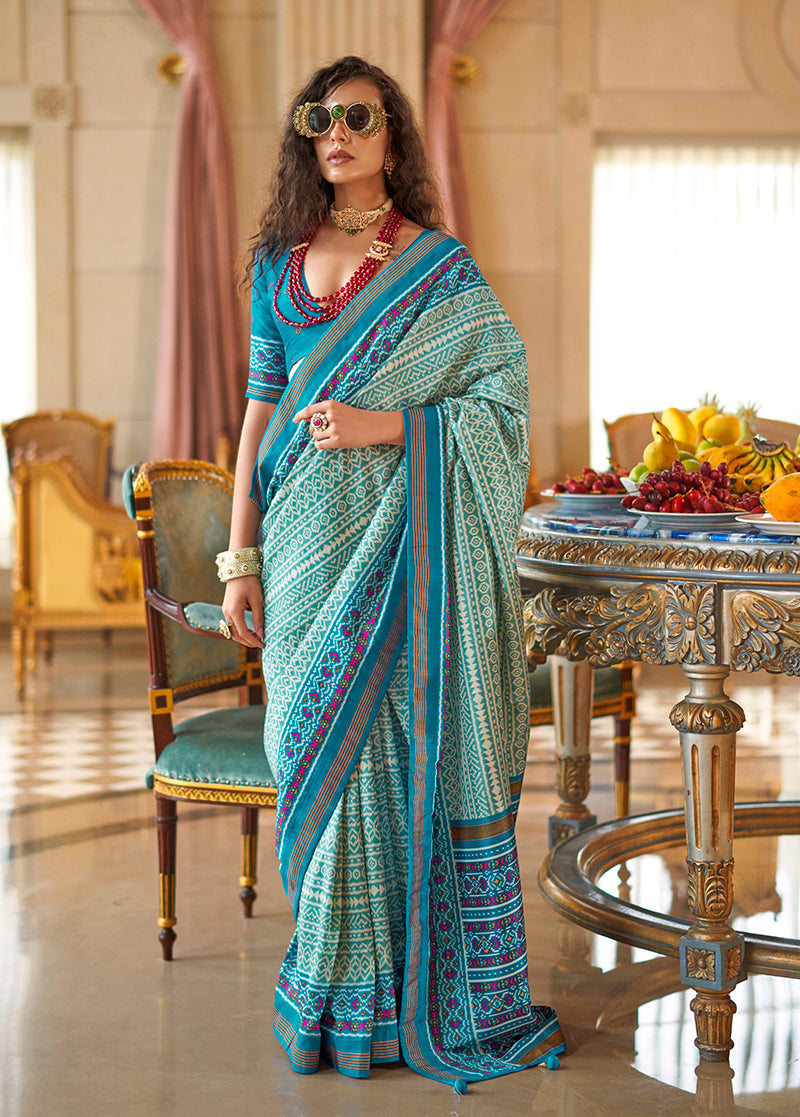 Monjolika Fashion Aqua Blue Printed Silk Blend Party Contemporary Saree