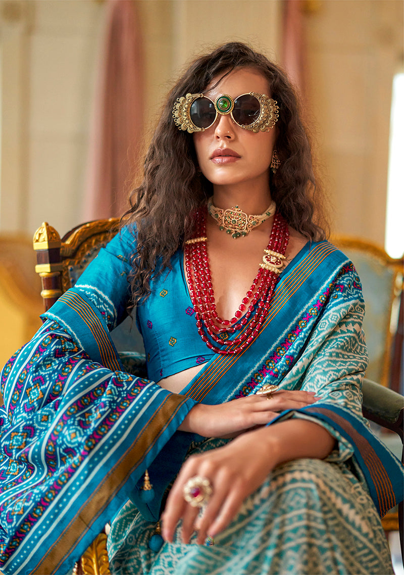 Monjolika Fashion Aqua Blue Printed Silk Blend Party Contemporary Saree
