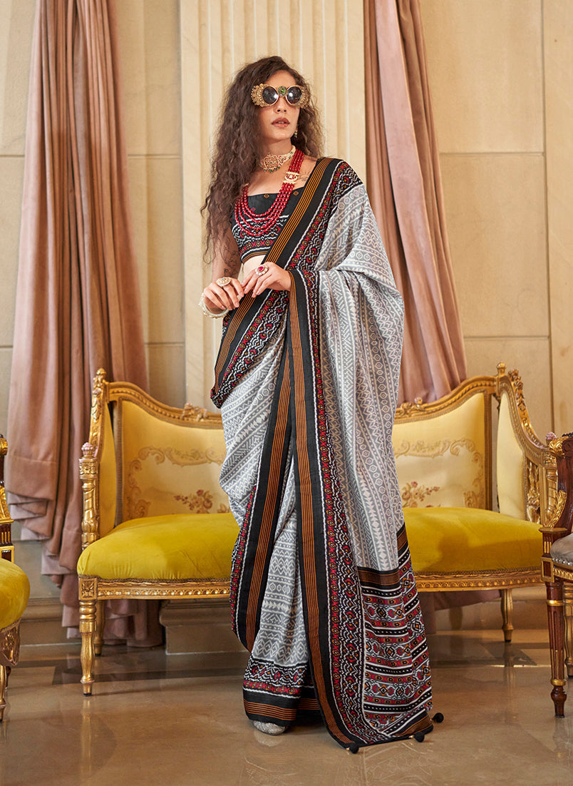 Monjolika Fashion Grey Printed Silk Blend Party Contemporary Saree