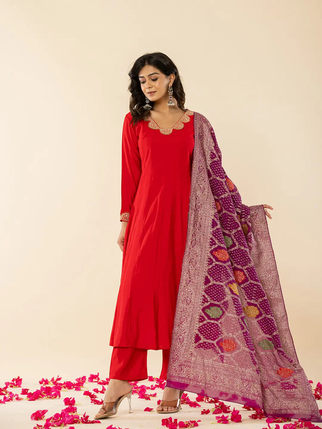 Yufta Red Silk Blend Anarkali Kurta Dupatta Set