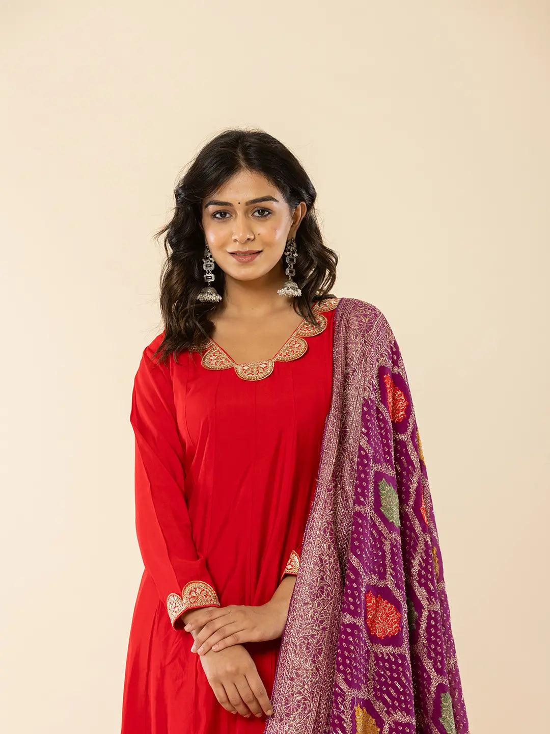 Yufta Red Silk Blend Anarkali Kurta Dupatta Set