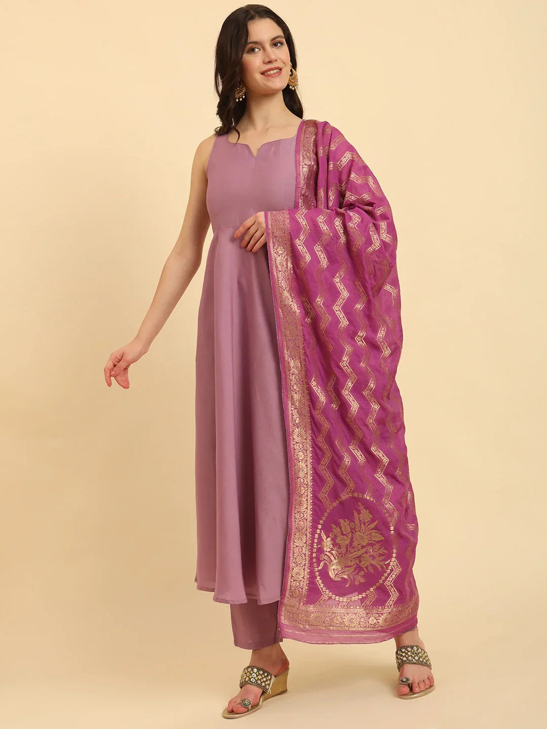 Yufta Purple Silk Sleeveless Kurta With Pant Banarasi Dupatta Set