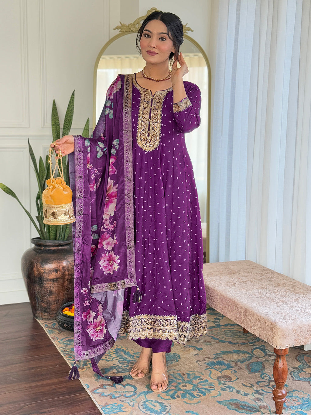 The52 Beautiful Embroidery Work with Vichitra Silk Fabric Flared Kurta, Pant and Dupatta Set