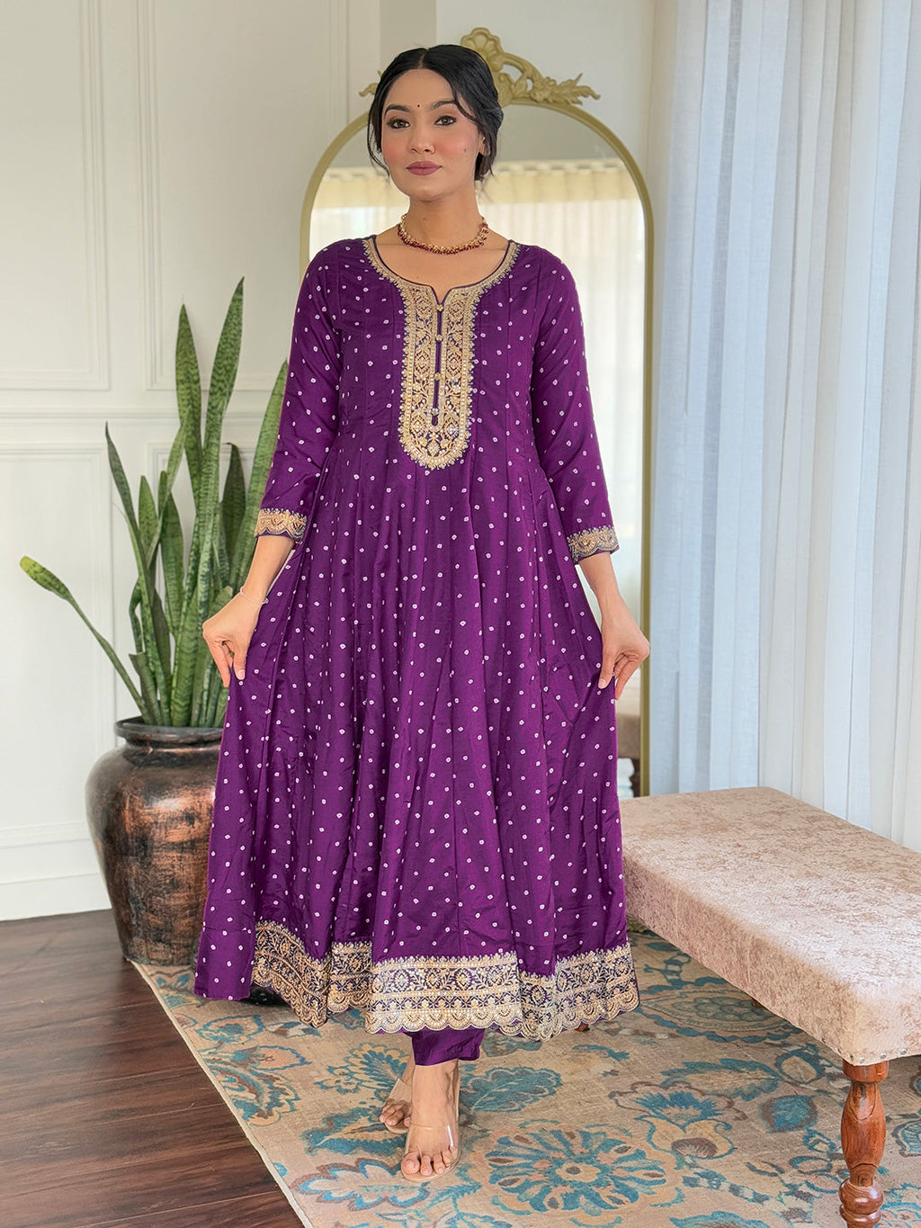 The52 Beautiful Embroidery Work with Vichitra Silk Fabric Flared Kurta, Pant and Dupatta Set