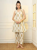 Yufta Mustard And Off White Ethnic Motifs Cotton Top And Trouser Co-Ord Set
