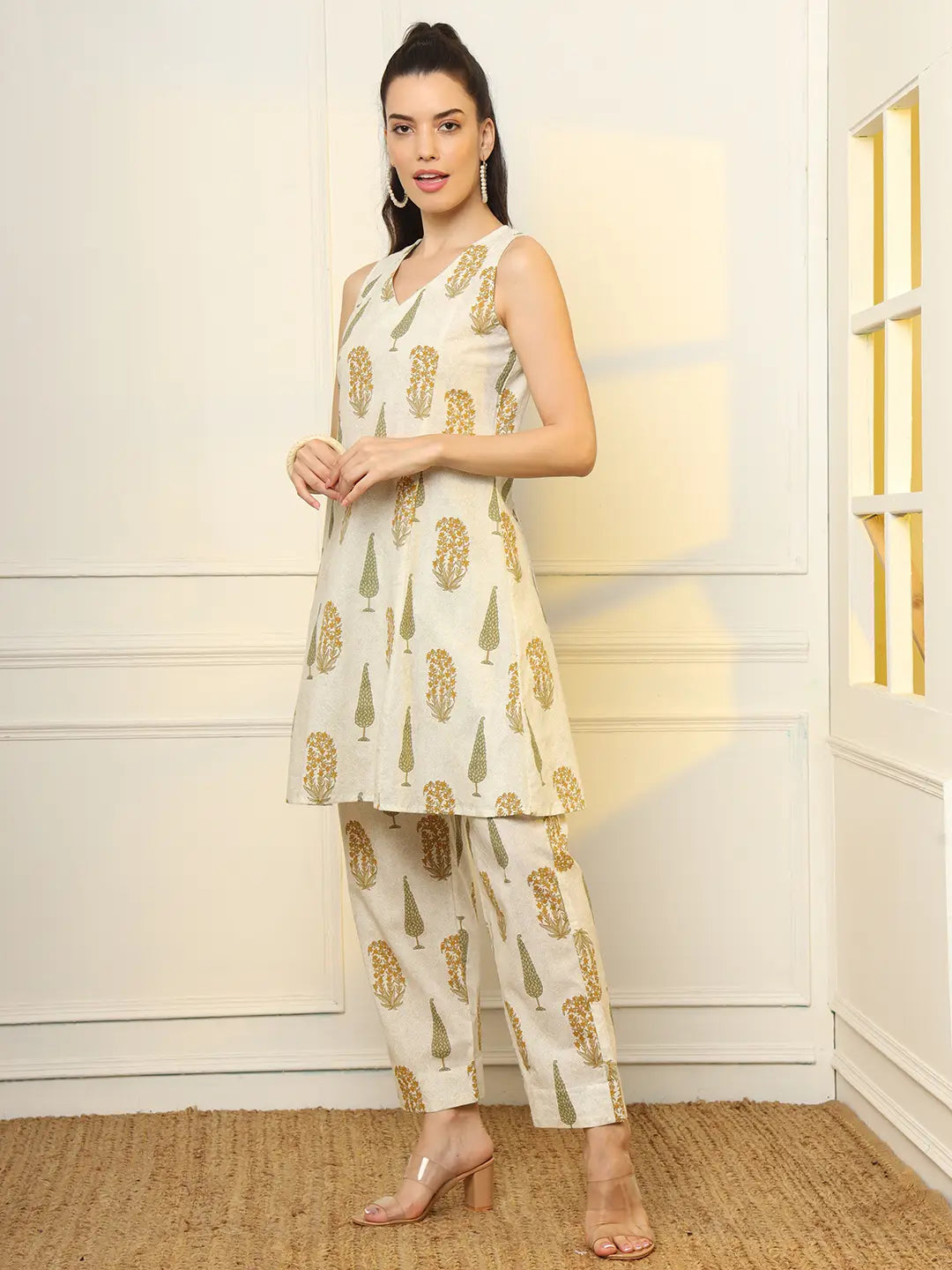 Yufta Mustard And Off White Ethnic Motifs Cotton Top And Trouser Co-Ord Set