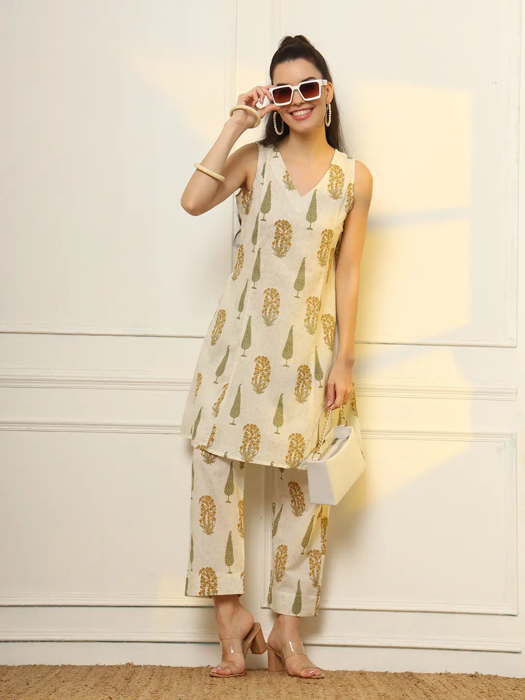 Yufta Mustard And Off White Ethnic Motifs Cotton Top And Trouser Co-Ord Set