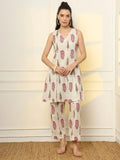 Yufta Pink And Off White Ethnic Motifs Cotton Top And Trouser Co-Ord Set