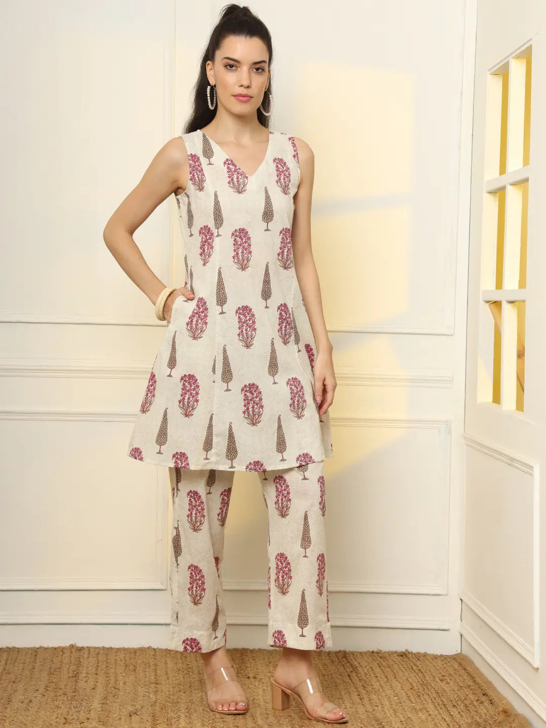 Yufta Pink And Off White Ethnic Motifs Cotton Top And Trouser Co-Ord Set