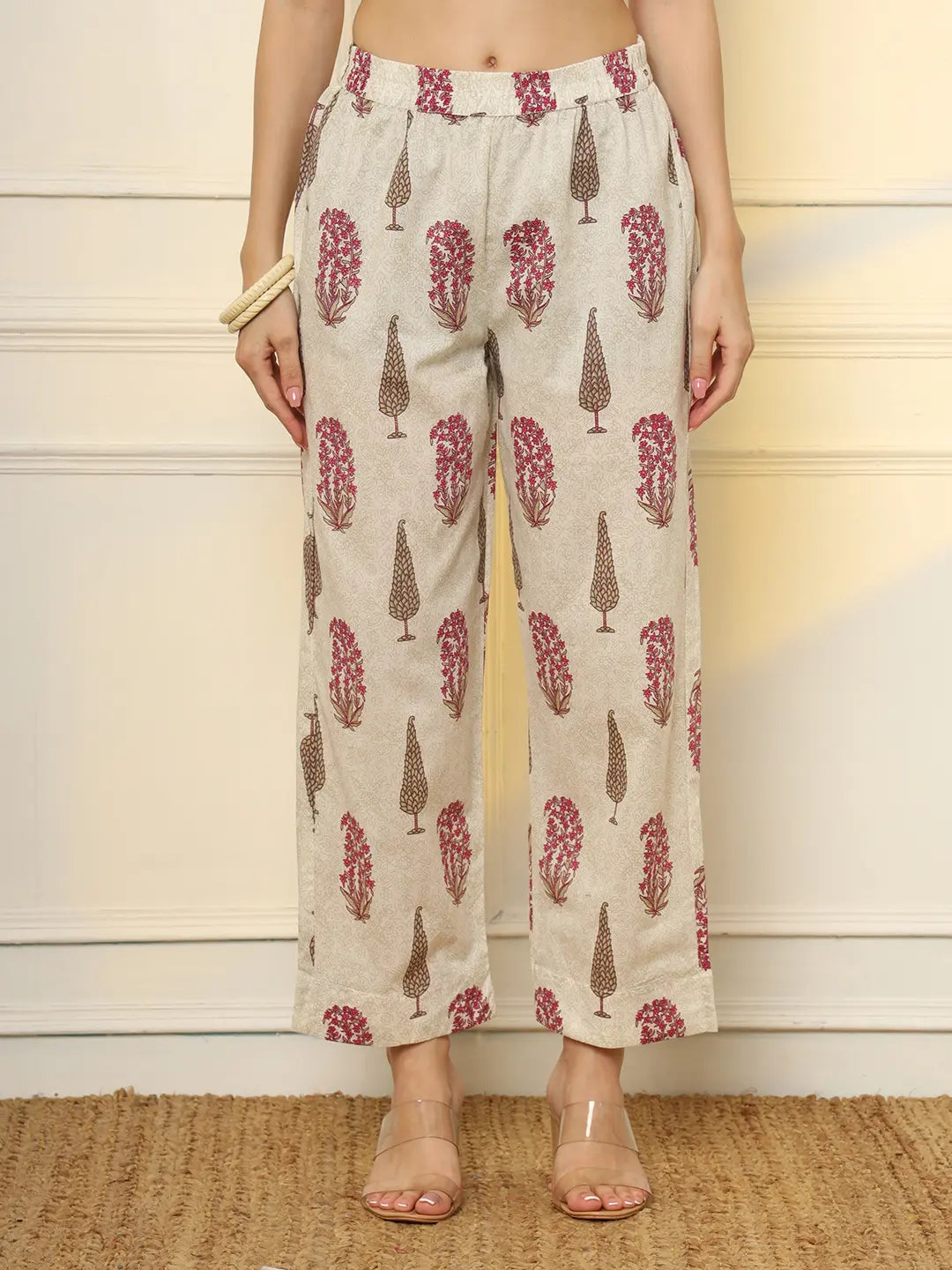 Yufta Pink And Off White Ethnic Motifs Cotton Top And Trouser Co-Ord Set