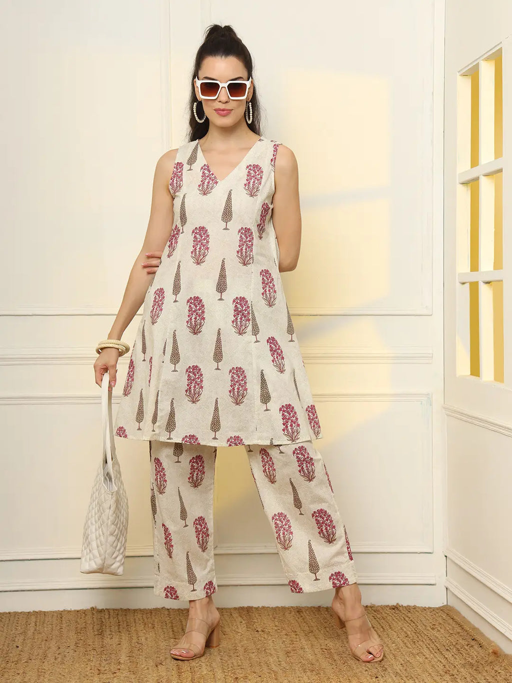 Yufta Pink And Off White Ethnic Motifs Cotton Top And Trouser Co-Ord Set