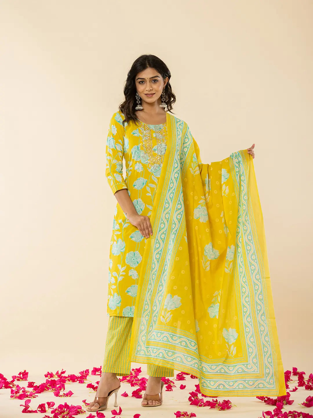 Yufta Yellow Cotton Sequins_Work Straight Kurta Dupatta Pant Set