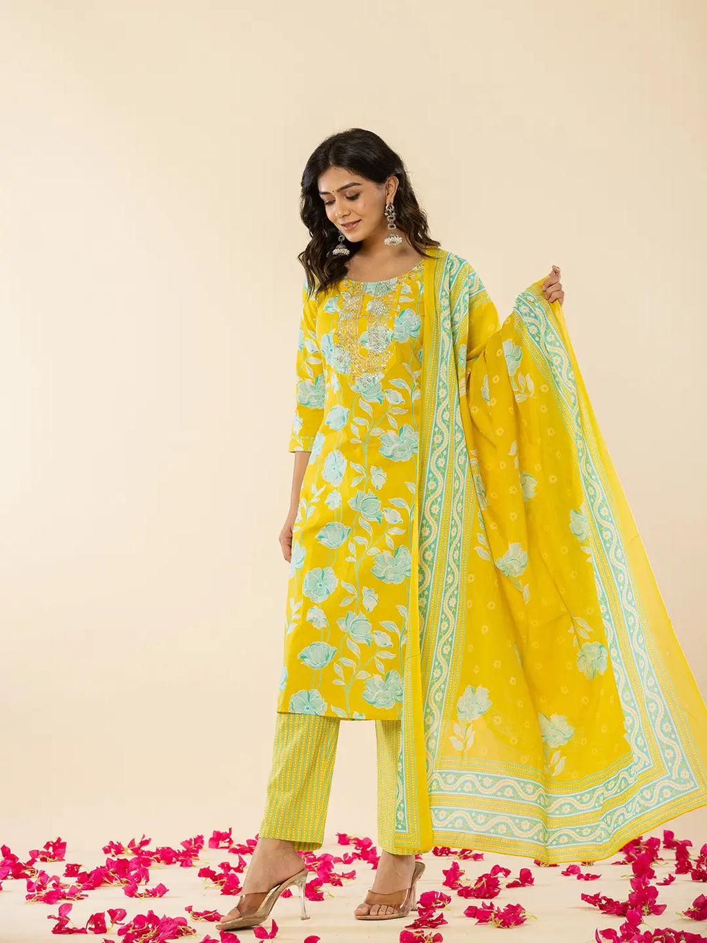 Yufta Yellow Cotton Sequins_Work Straight Kurta Dupatta Pant Set