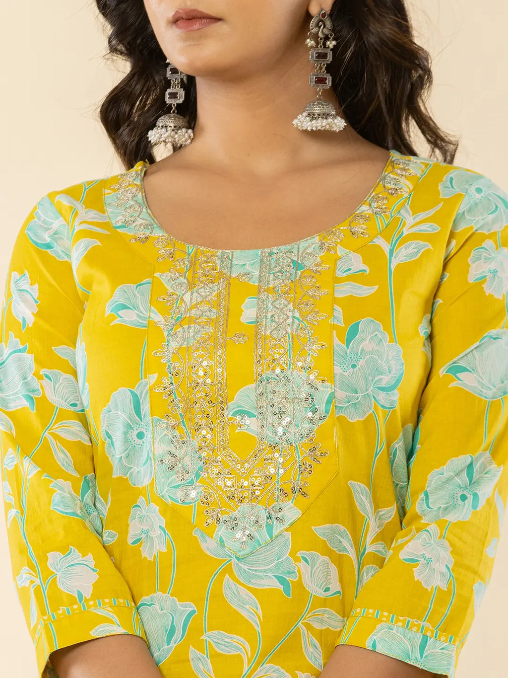 Yufta Yellow Cotton Sequins_Work Straight Kurta Dupatta Pant Set