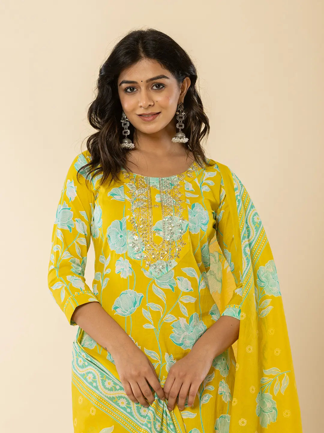 Yufta Yellow Cotton Sequins_Work Straight Kurta Dupatta Pant Set
