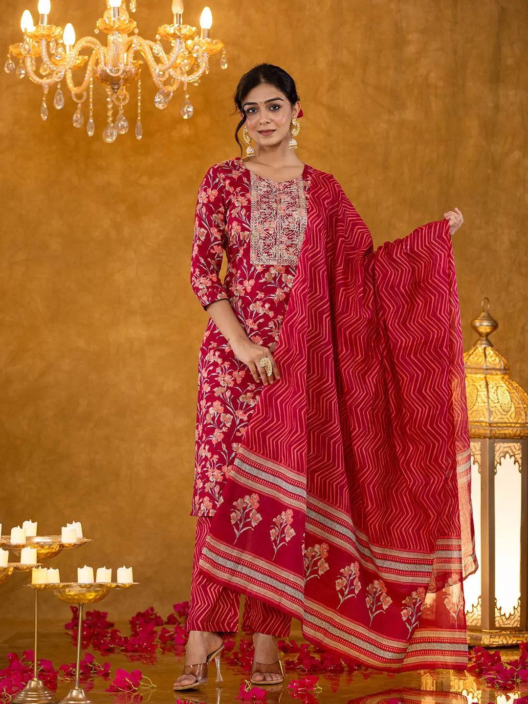 Yufta Burgundy Cotton Dori_Embroidery Straight Kurta Dupatta Pant Set