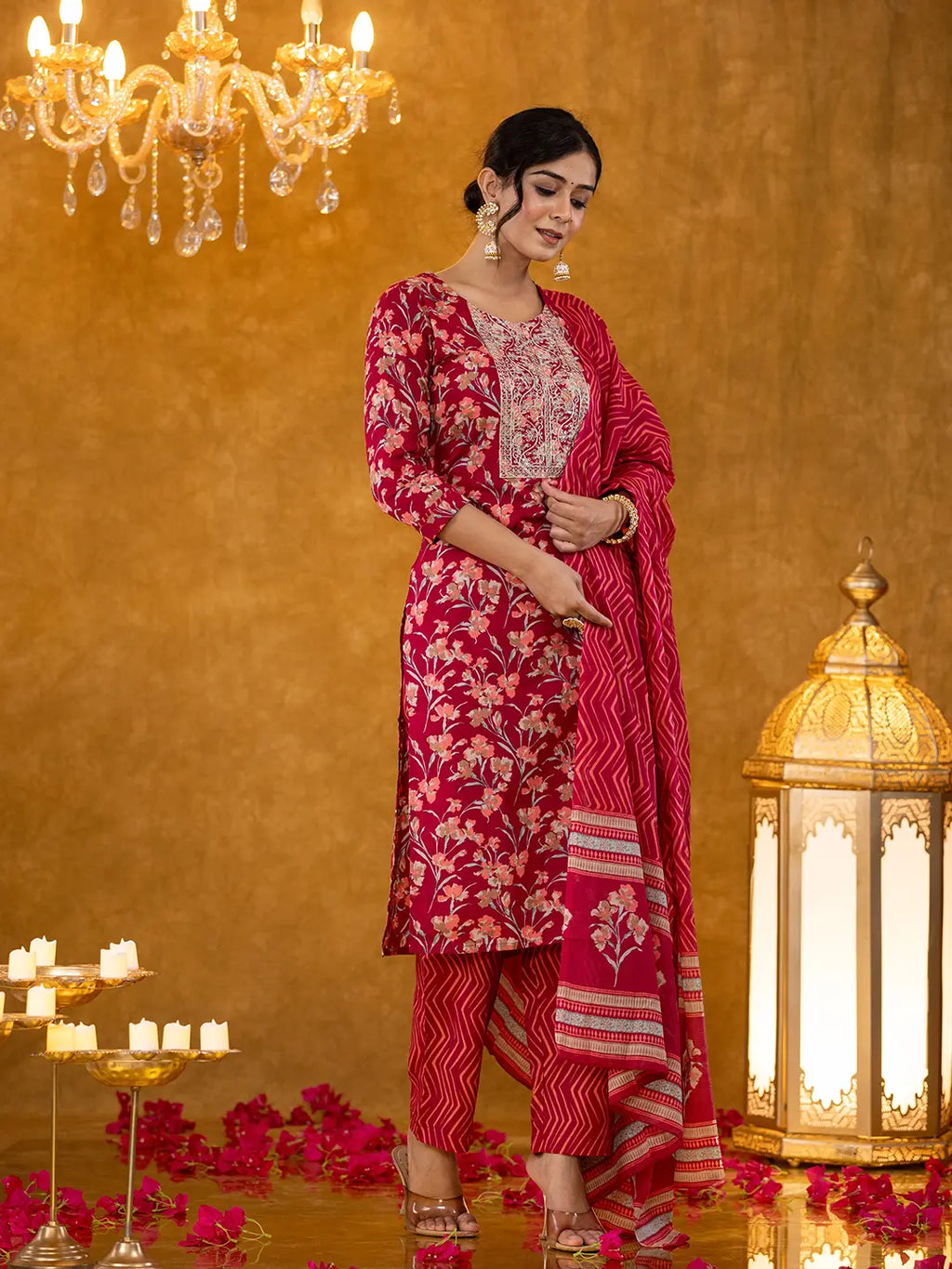 Yufta Burgundy Cotton Dori_Embroidery Straight Kurta Dupatta Pant Set