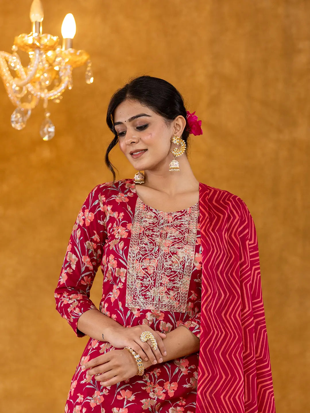 Yufta Burgundy Cotton Dori_Embroidery Straight Kurta Dupatta Pant Set