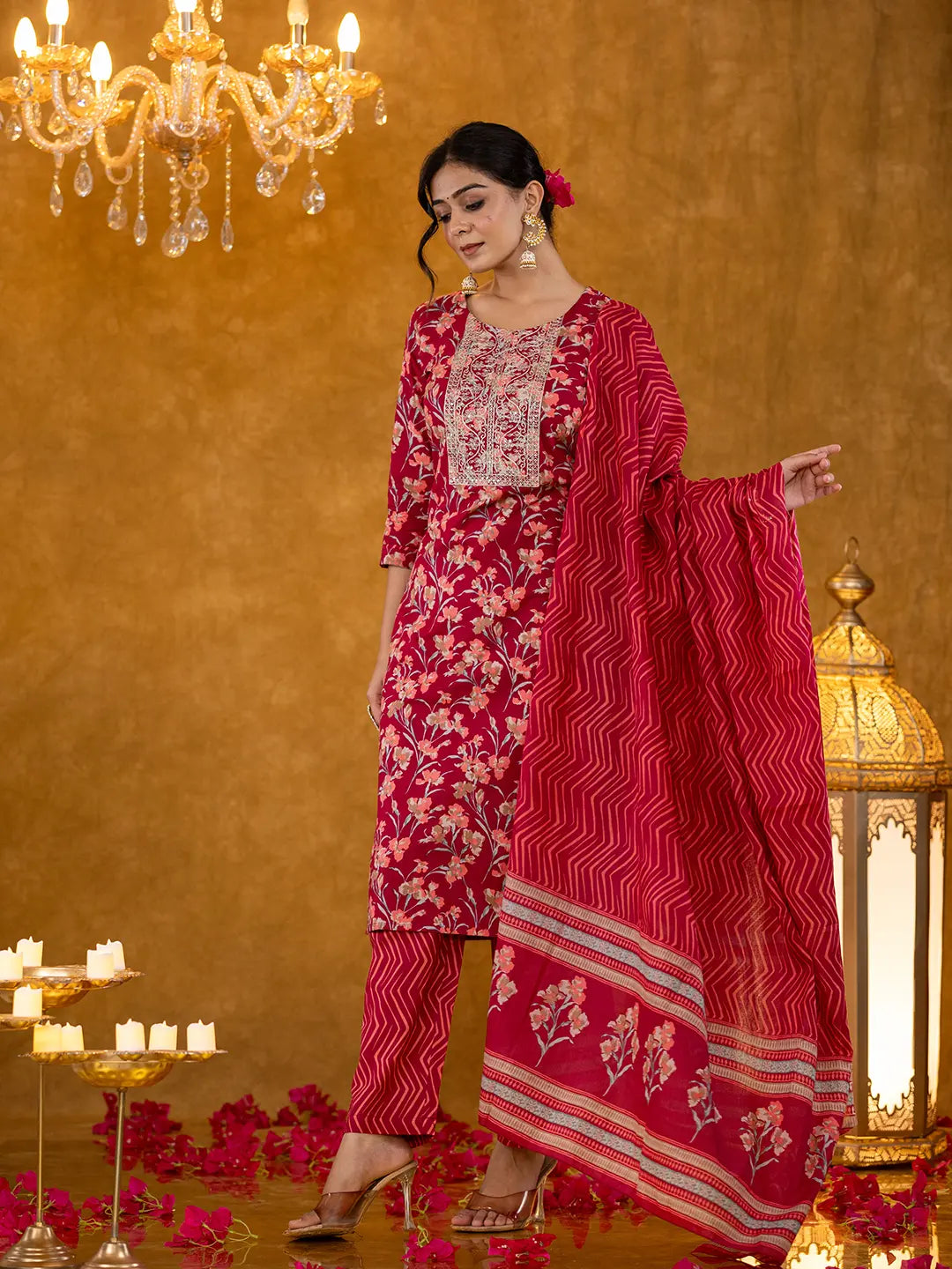 Yufta Burgundy Cotton Dori_Embroidery Straight Kurta Dupatta Pant Set