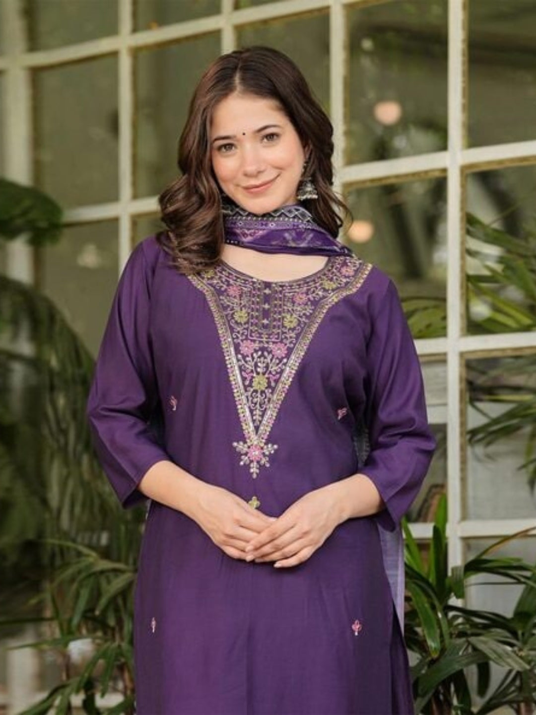 The52 Women's Gorgeous Rayon Slub Embroidery Straight Kurta with Pant And Dupatta Set