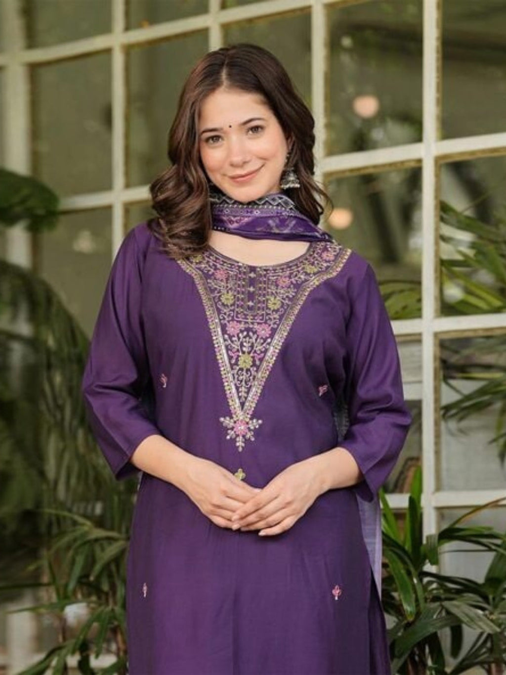 The52 Women's Gorgeous Rayon Slub Embroidery Straight Kurta with Pant And Dupatta Set