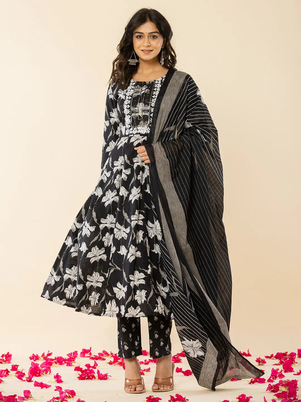Yufta Black Cotton Sequins_Work Anarkali Kurta Dupatta Pant Set