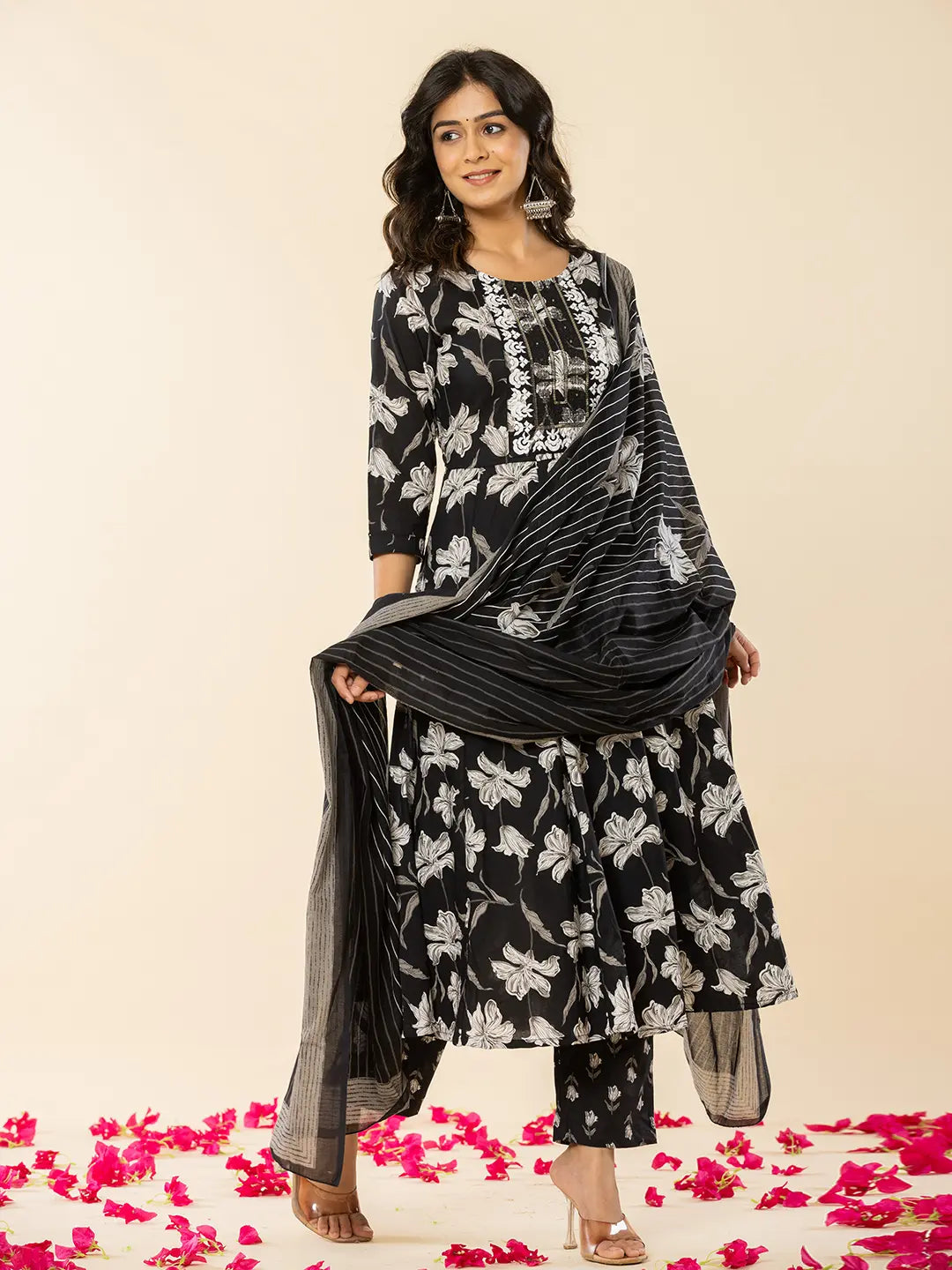 Yufta Black Cotton Sequins_Work Anarkali Kurta Dupatta Pant Set