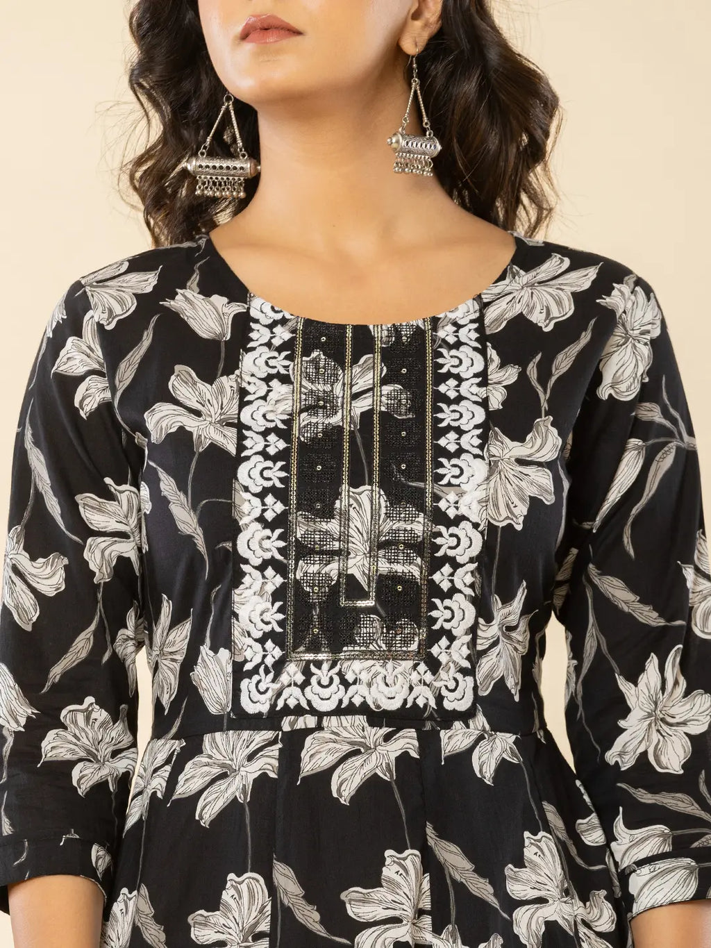 Yufta Black Cotton Sequins_Work Anarkali Kurta Dupatta Pant Set