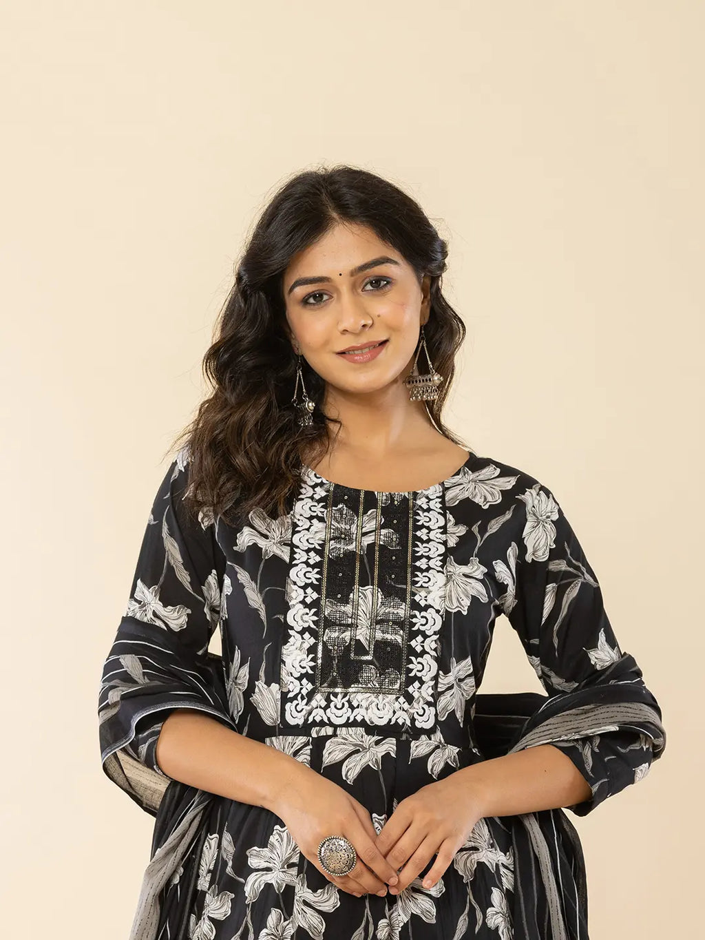 Yufta Black Cotton Sequins_Work Anarkali Kurta Dupatta Pant Set