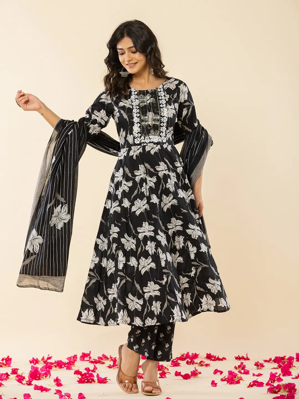Yufta Black Cotton Sequins_Work Anarkali Kurta Dupatta Pant Set