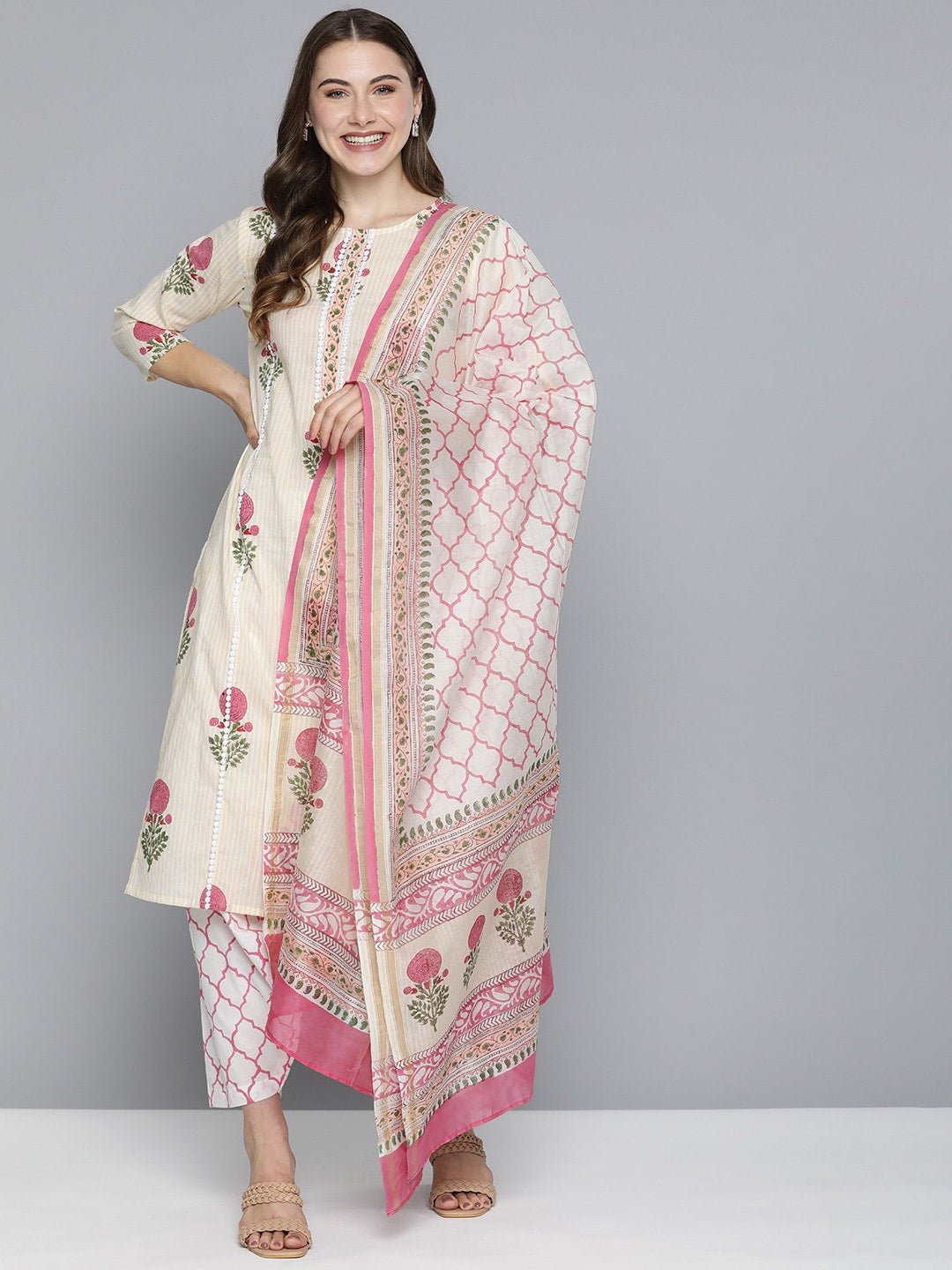 HERE&NOW Floral Printed Panelled Pure Cotton Kurta with Salwar & With Dupatta