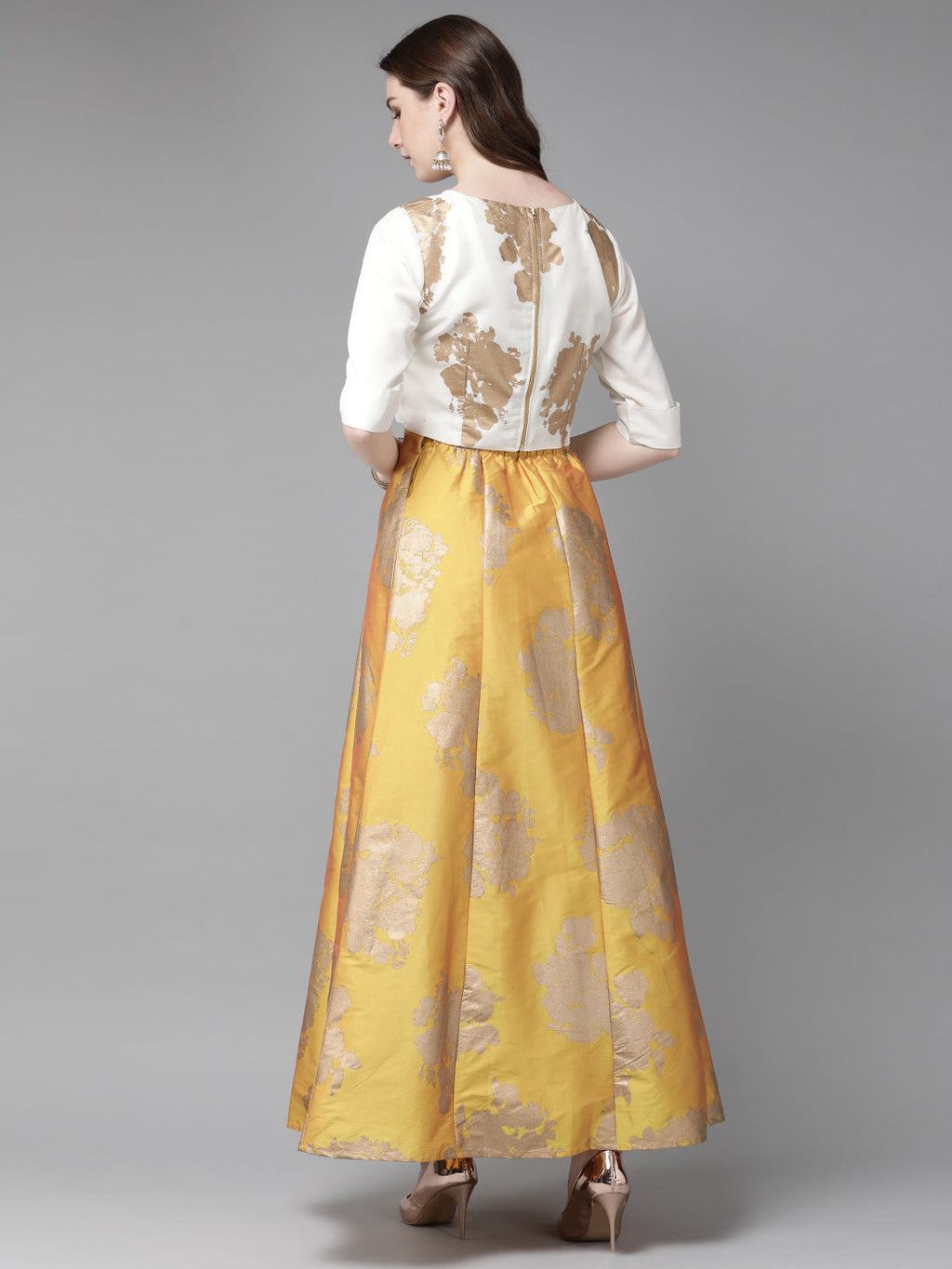Juniper Women Mustard Dupion Printed Flared Lehenga Choli Sets