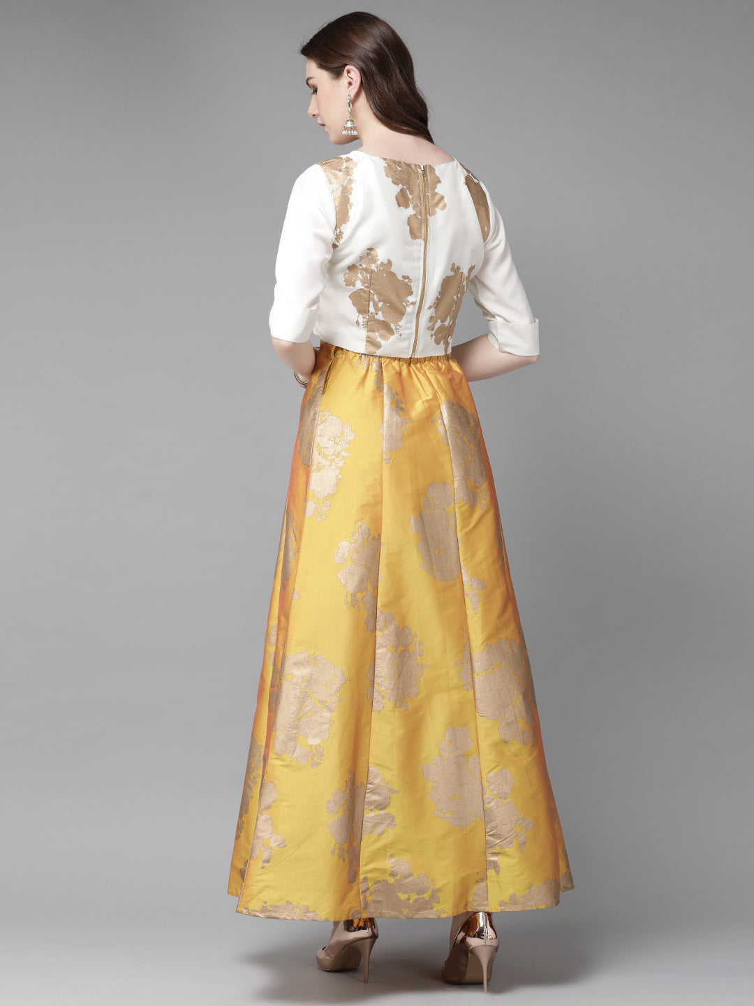 Juniper Women Mustard Dupion Printed Flared Lehenga Choli Sets