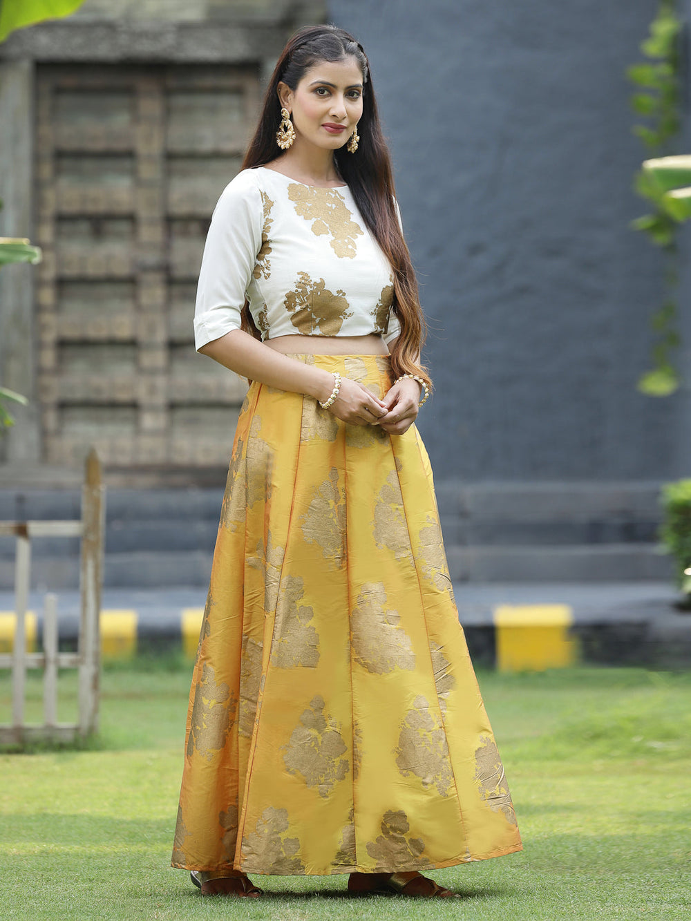 Juniper Women`s Mustard Dupion Printed Flared Lehenga Choli Sets