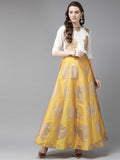 Juniper Women Mustard Dupion Printed Flared Lehenga Choli Sets