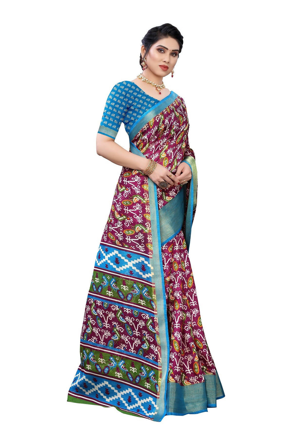 Vamika Purple and Blue Linen Jari Border Saree Online At Low Price