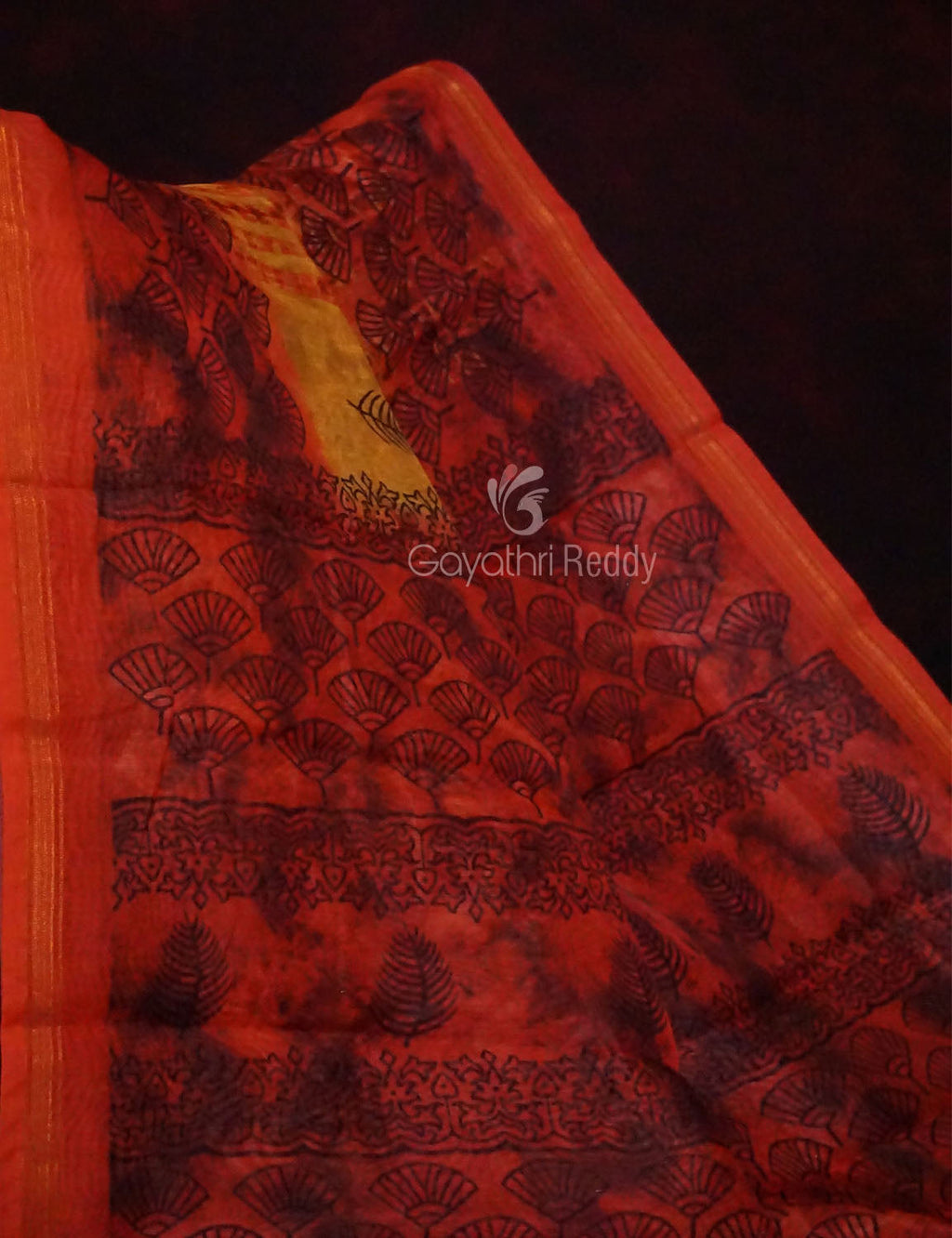 Yellow And Red Colour Block Print Semi Chanderi Saree By Gayathri Reddy Designer Studio