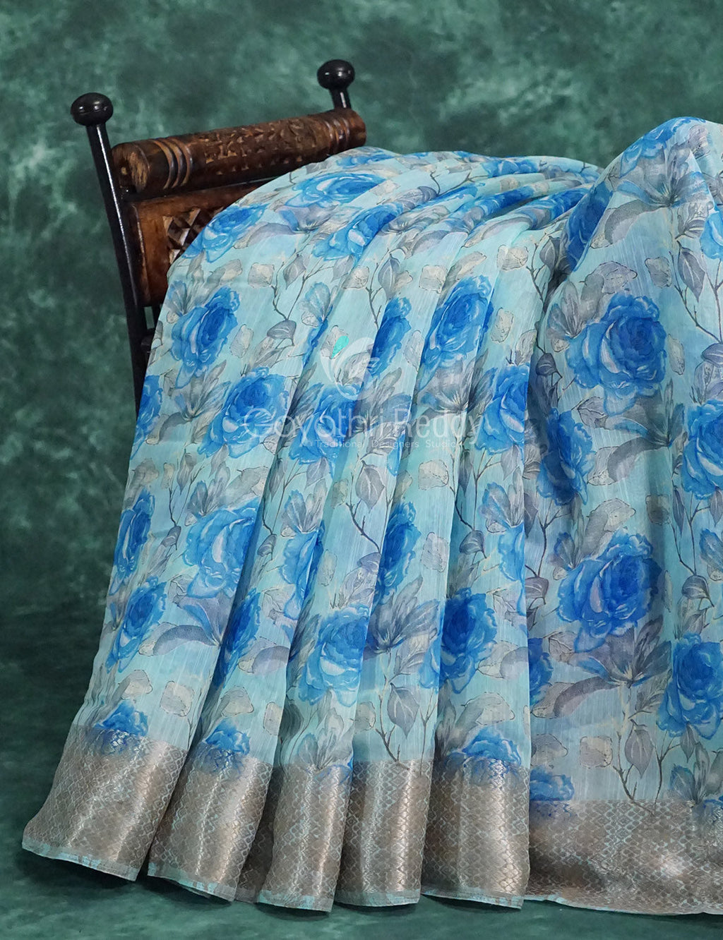 Powder Blue And Dark Blue Coloured Floral Print Semi Chanderi Saree By Gayathri Reddy Designer Studio