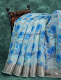 Powder Blue And Dark Blue Coloured Floral Print Semi Chanderi Saree By Gayathri Reddy Designer Studio